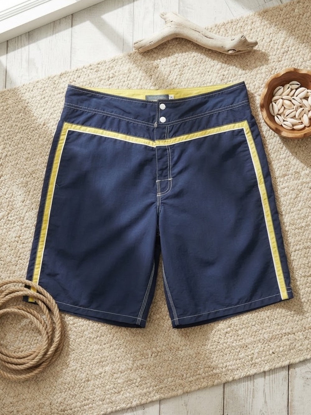 BURNSIDE Men's Retro Stripe Navy & Yellow Board Shorts